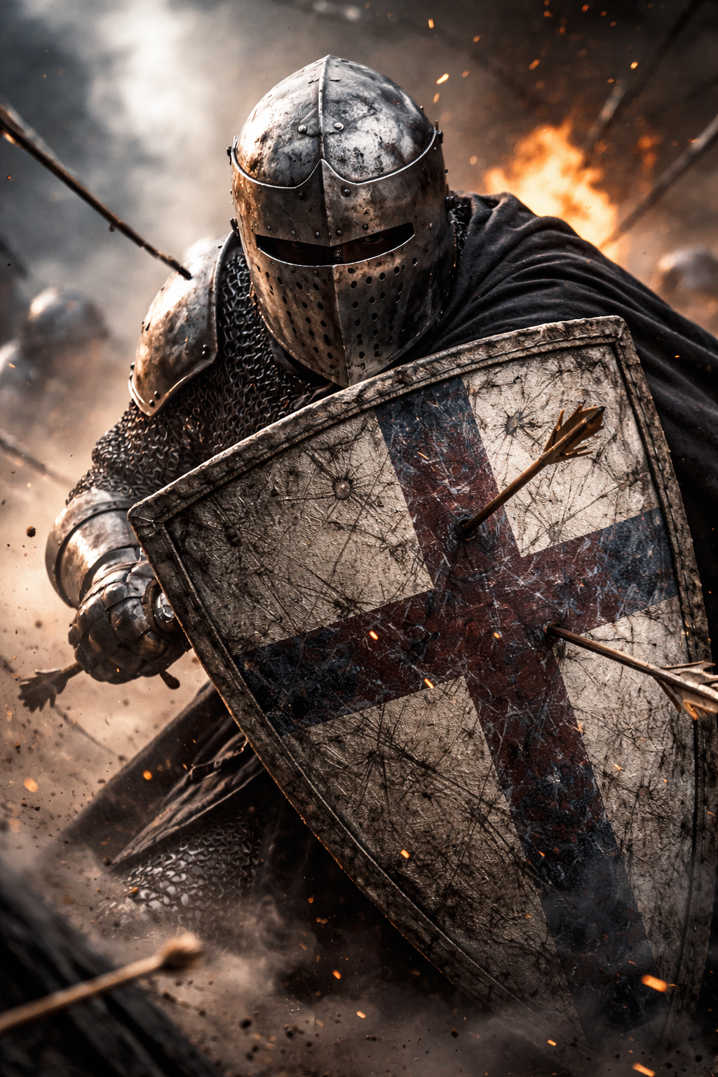 Medieval knight preparing for impact behind a shield